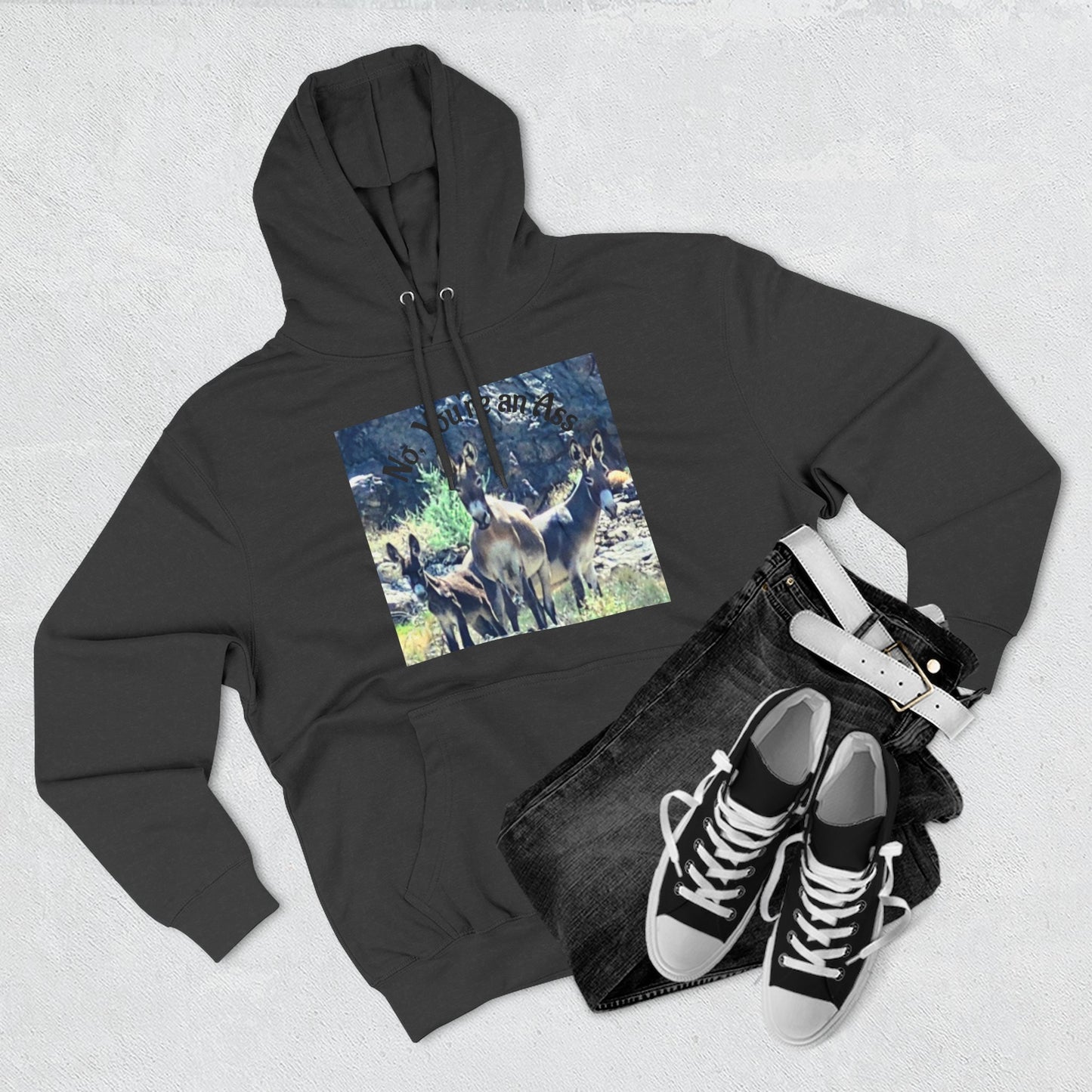 Custom, Travel Hoodie — Three Donkey's Saying No, You're the Ass Photo Pullover Hoodie
